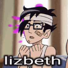 a cartoon of a boy with bandages on his head and the name lizbeth on the bottom