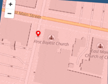 a map shows the location of first baptist church on east main street