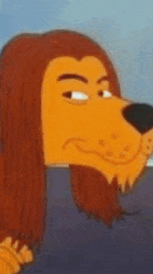 a close up of a cartoon character with long hair making a funny face .
