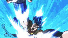 a cartoon character with blue hair is being punched in the face by another character .