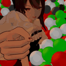 a girl in a white dress is surrounded by green white and red balloons
