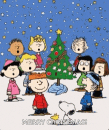 a group of peanuts characters singing christmas carols