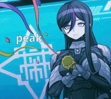 a picture of a girl holding a medal with the word peak on the bottom