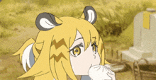 a cartoon drawing of a girl with yellow hair and a bear ear