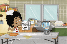 a cartoon character in a kitchen with a box of cereal on the counter