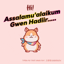 a hamster with a scarf around its neck is on a pink background