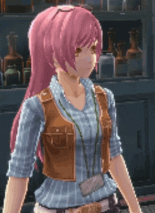 a pixel art of a girl with pink hair wearing a plaid shirt and a brown vest