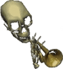 a skeleton is playing a trumpet with a skull in its mouth .