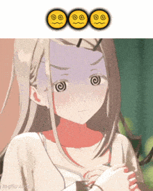 a picture of a girl with three smiley faces above her head