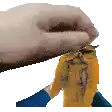 a pixelated image of a hand holding a yellow item .