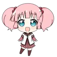 a drawing of a girl with pink hair and blue eyes has the letters l and n on her head
