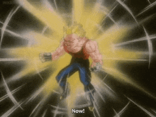 a cartoon character is flying through the air with the words `` now '' written on the bottom .