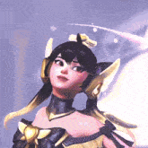 a close up of a cartoon character with wings and a flower in her hair