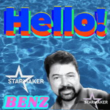 a man with a beard is smiling in front of a water background with the words hello benz