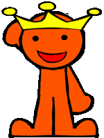 an orange cartoon character wearing a yellow crown and smiling