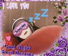 a picture of a girl wearing a sleep mask that says i love you good night sweet dreams