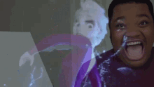 a man with his mouth open is looking at a cartoon character