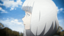a close up of a girl 's face with white hair and a blue sky in the background