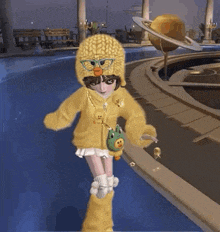 a girl wearing a yellow sweater and a duck hat is standing next to a pool .