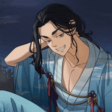 a drawing of a man with long hair and a kimono