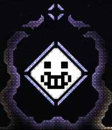 a pixel art of a smiley face in a square with purple borders