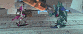 a video game shows two robots fighting each other in a room