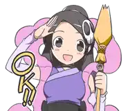 a girl in a purple shirt is holding a broom and saluting ..
