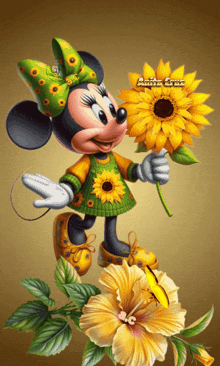 a cartoon of minnie mouse holding a sunflower with the word art on the bottom right