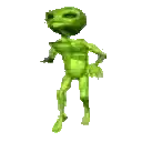 a green alien is standing on a white background and dancing .