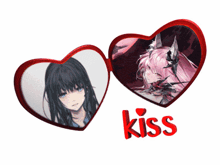 two red hearts with a picture of a girl and the word kiss below them