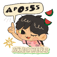 a drawing of a boy with a watermelon on his head and a speech bubble that says ap0555 skechers
