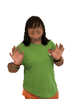 a girl wearing glasses and a green shirt that says ' i love you ' on the front