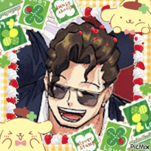 a picture of a man wearing sunglasses and a clover stamp