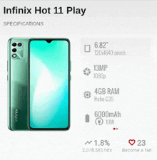 a green infinix hot 11 play phone with specifications