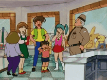 a group of people are standing in a room with a man in a tan uniform