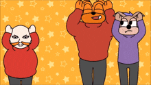 three cartoon characters are standing next to each other with their hands on their head
