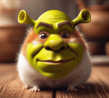 a hamster with shrek 's face on it looks at the camera