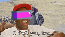 a man wearing a red hat and white shirt says i feel you bro