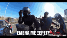 a man on a motorcycle with the words " emea me epete " written on the bottom