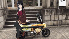 a girl is sitting on a motorcycle with a sticker that says ' suzuko '