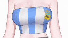 a woman is wearing a blue and white striped crop top with the word mia on it