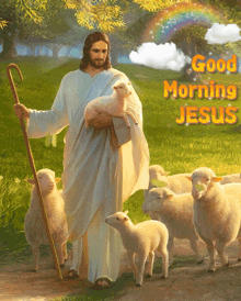 a painting of jesus holding a lamb with the words " good morning jesus " above him