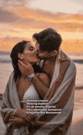 a man and woman kissing on the beach with a caption that says weekend relaxant relaxing weekend