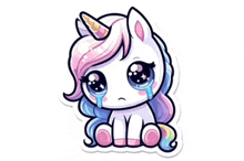 a cute unicorn is crying with a tear coming out of its eye .