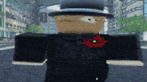 a cartoon character wearing a top hat and a bow tie stands in front of a building that says kino