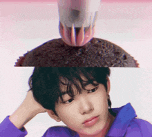 a close up of a person 's face with a cake on top of it