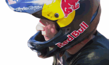 staring red bull focused stare helmet