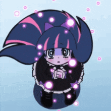 a cartoon character with purple and pink hair is surrounded by pink circles
