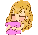 a girl is holding a pink pillow in her hands .