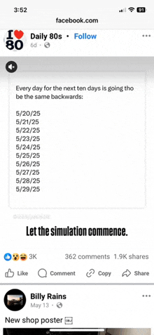 a screenshot of a facebook page that says ' let the simulation commence '